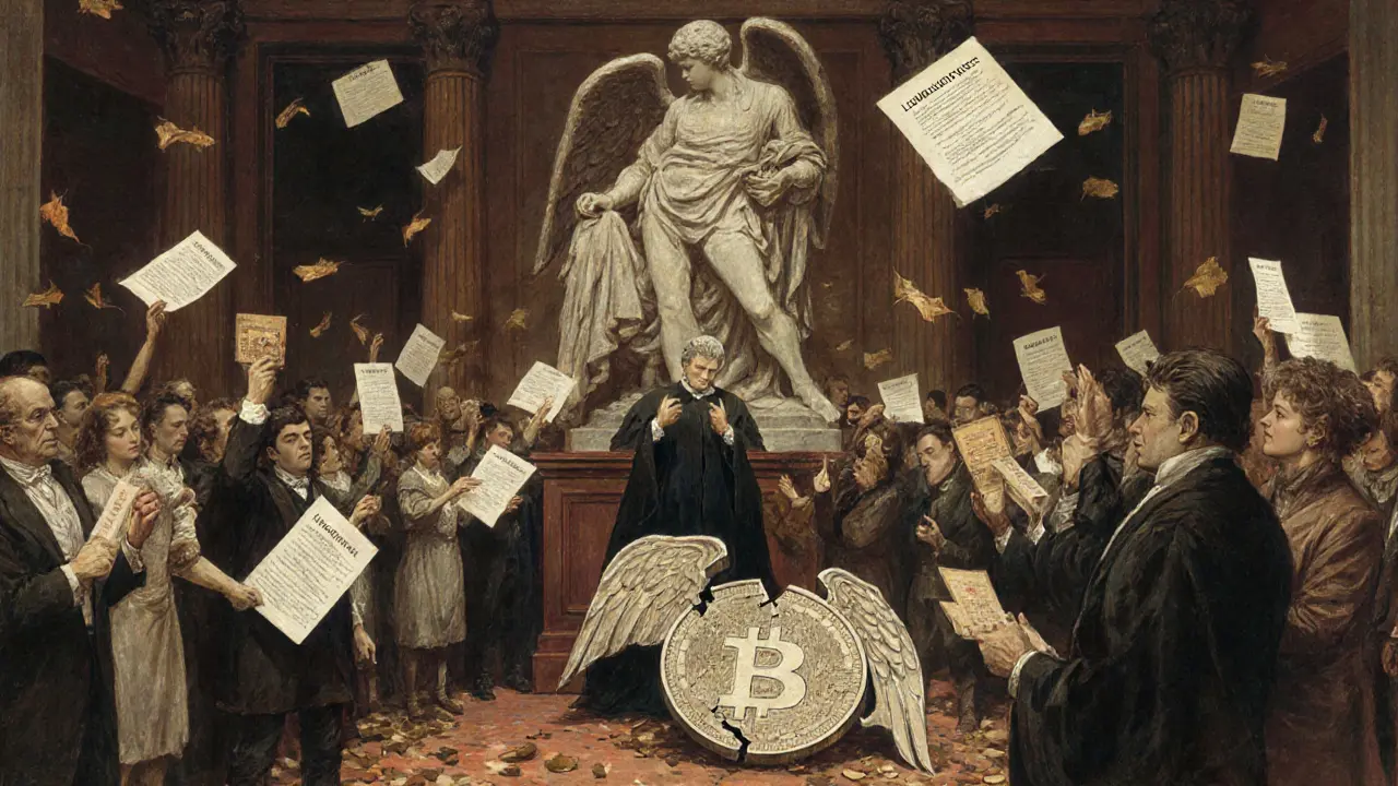 Desperate users in a courtroom watch as a shattered statue of a coin lies broken on the floor.