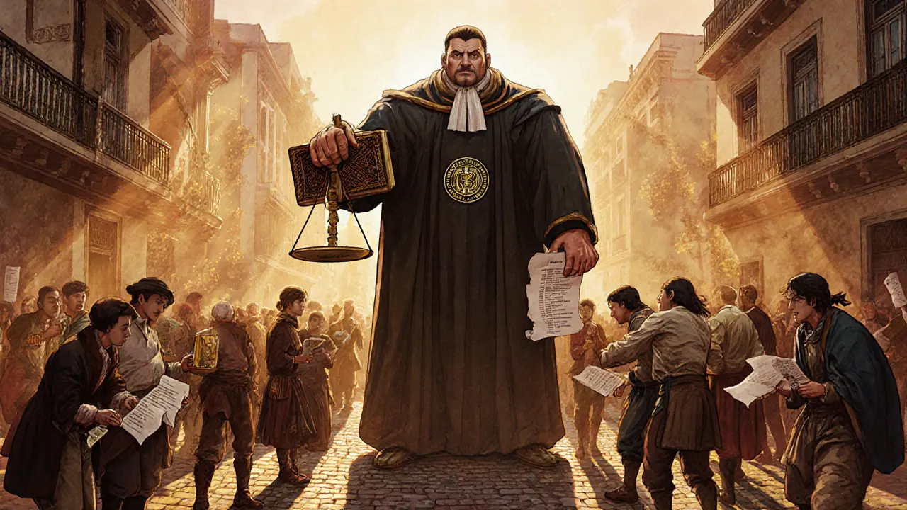 Giant tax authority figure overseeing crypto traders in a marketplace.