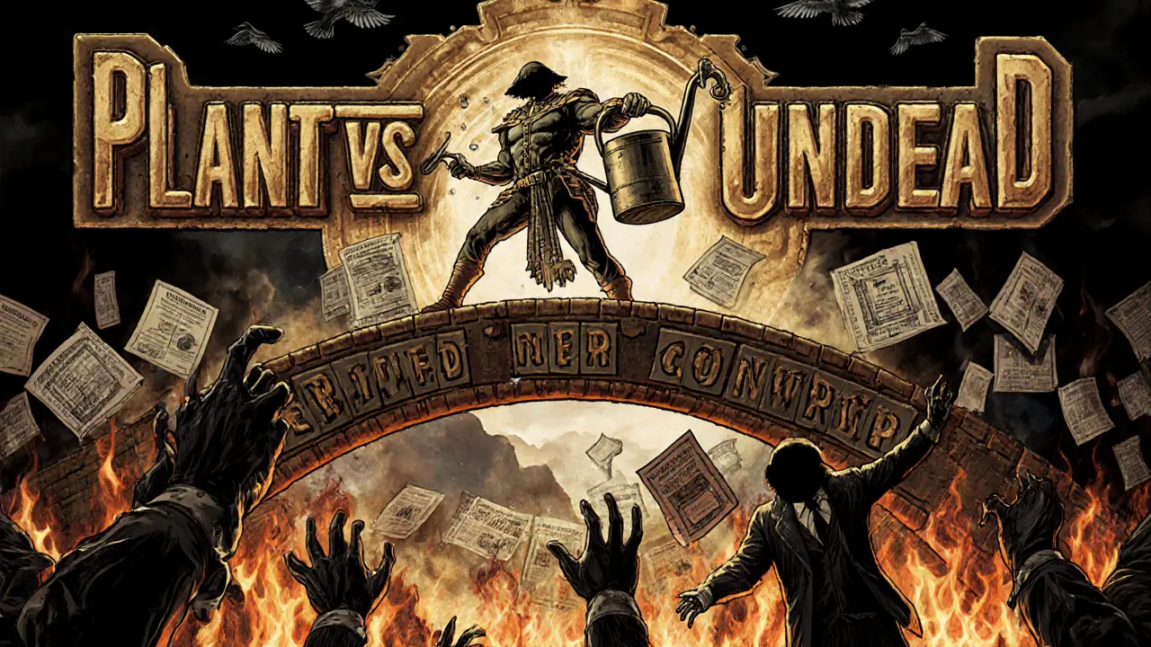 Heroic player on bridge of smart contracts, scammers reaching up, official PVU logo glowing above.