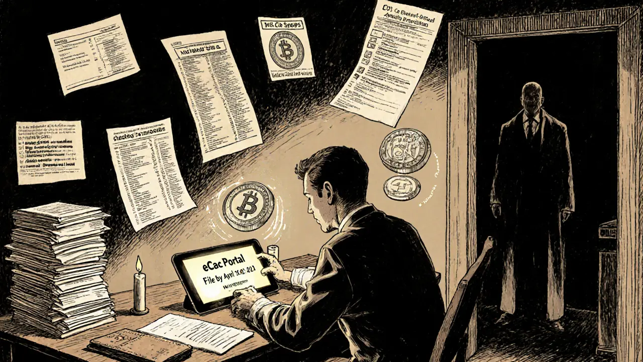 Investor filing taxes at a desk surrounded by crypto transaction records.
