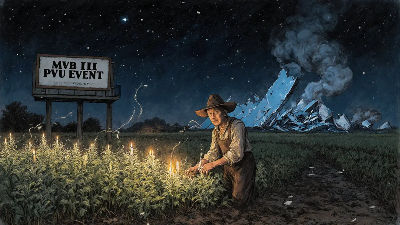 Player tending glowing plants at night, crumbling &#039;MVB III&#039; billboard fading into smoke in distance.