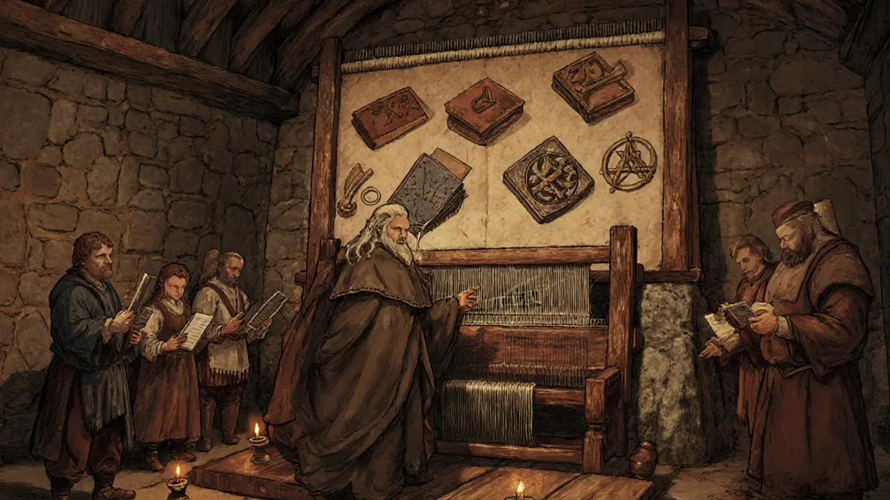 Players weaving blockchain assets into a glowing tapestry in a stone guildhall, illuminated by candlelight and ancient tools.