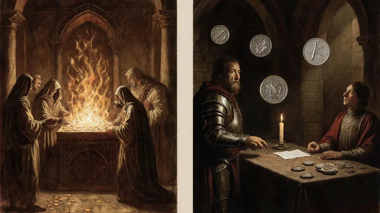 Two medieval guilds: one receiving NAM tokens at a ZK altar, another handling NFT collateral with unused NAMA coins on a table.