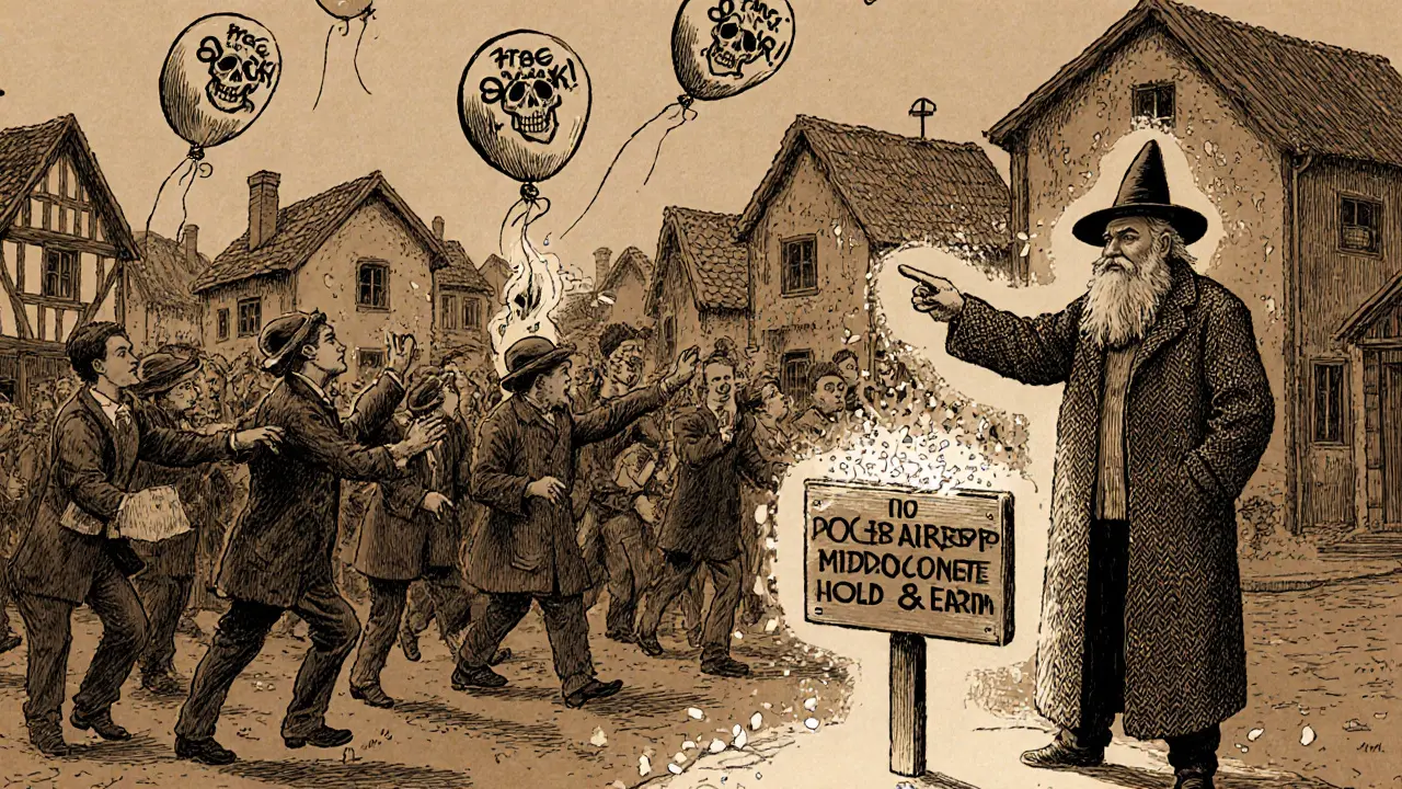 Villagers chase fake QUACK balloons in a town square while a wise man warns them about scams.