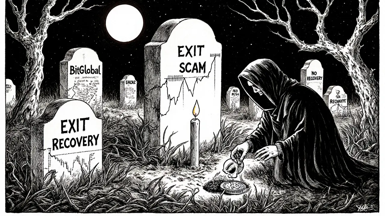 A crypto graveyard with BitGlobal&#039;s tombstone, a candle flickering as a coin turns into a skull.