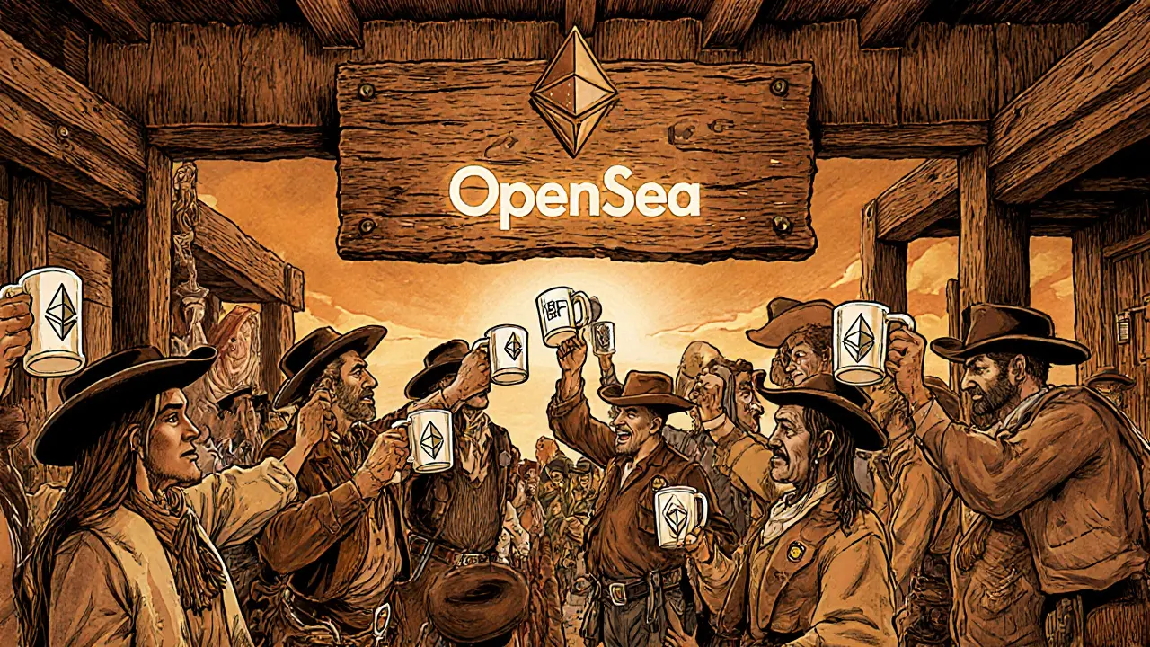 A digital saloon scene with diverse characters toasting, wearing PFP NFTs as badges, under a glowing Ethereum ledger.