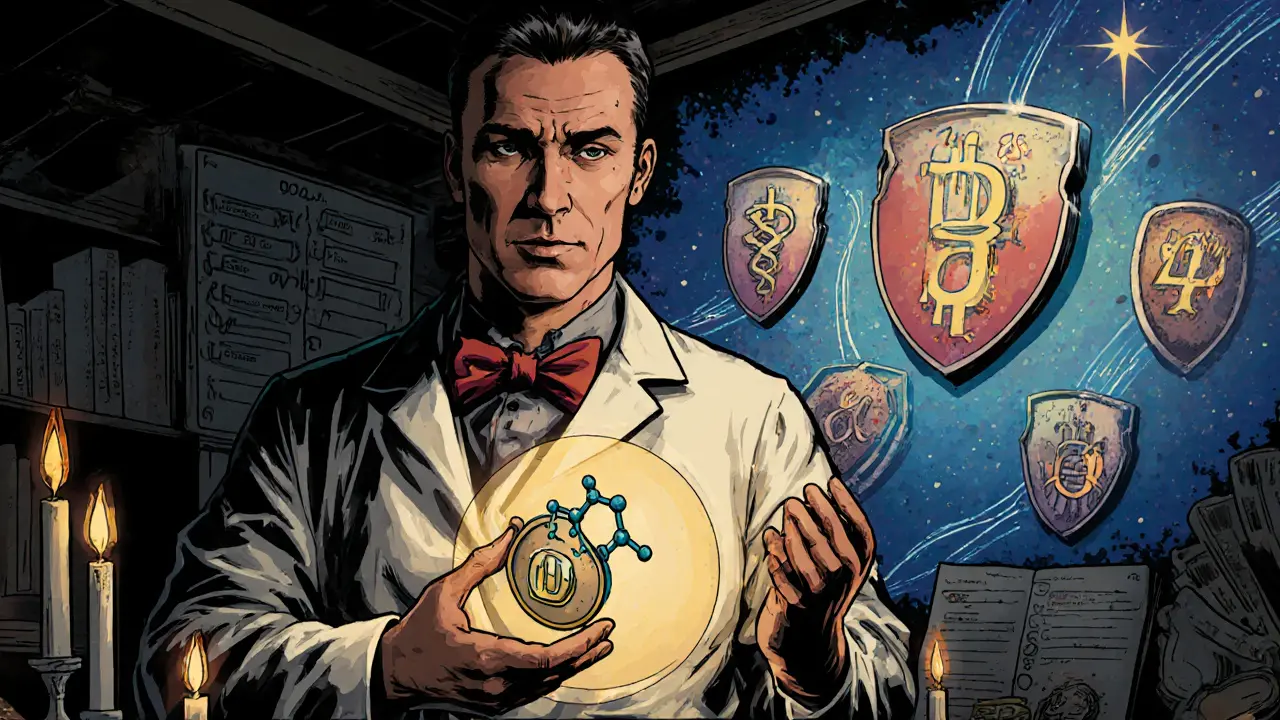 A researcher holds an IP token pendant projecting a drug molecule, surrounded by glowing BioDAO shields.