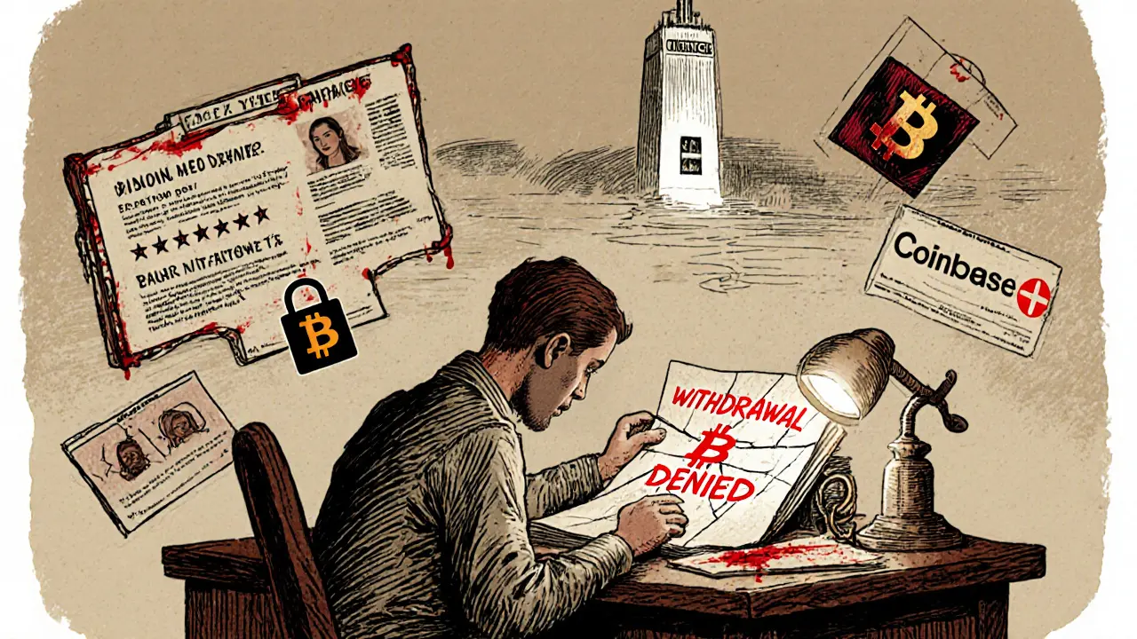 A trader at a desk with a denied withdrawal ledger, surrounded by fake reviews and chained Bitcoin.