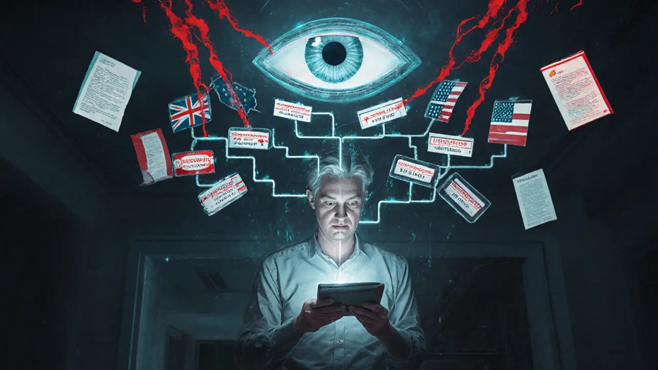 A trader surrounded by holographic blockchain data and an AI eye scanning their identity documents in a shadowy room.