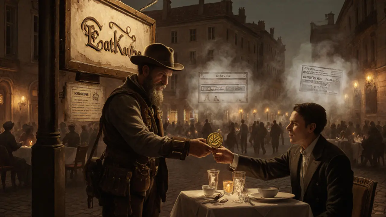 A traveler gives a KubeCoin token to a diner at a real EatKube restaurant, while scam sites fade away.