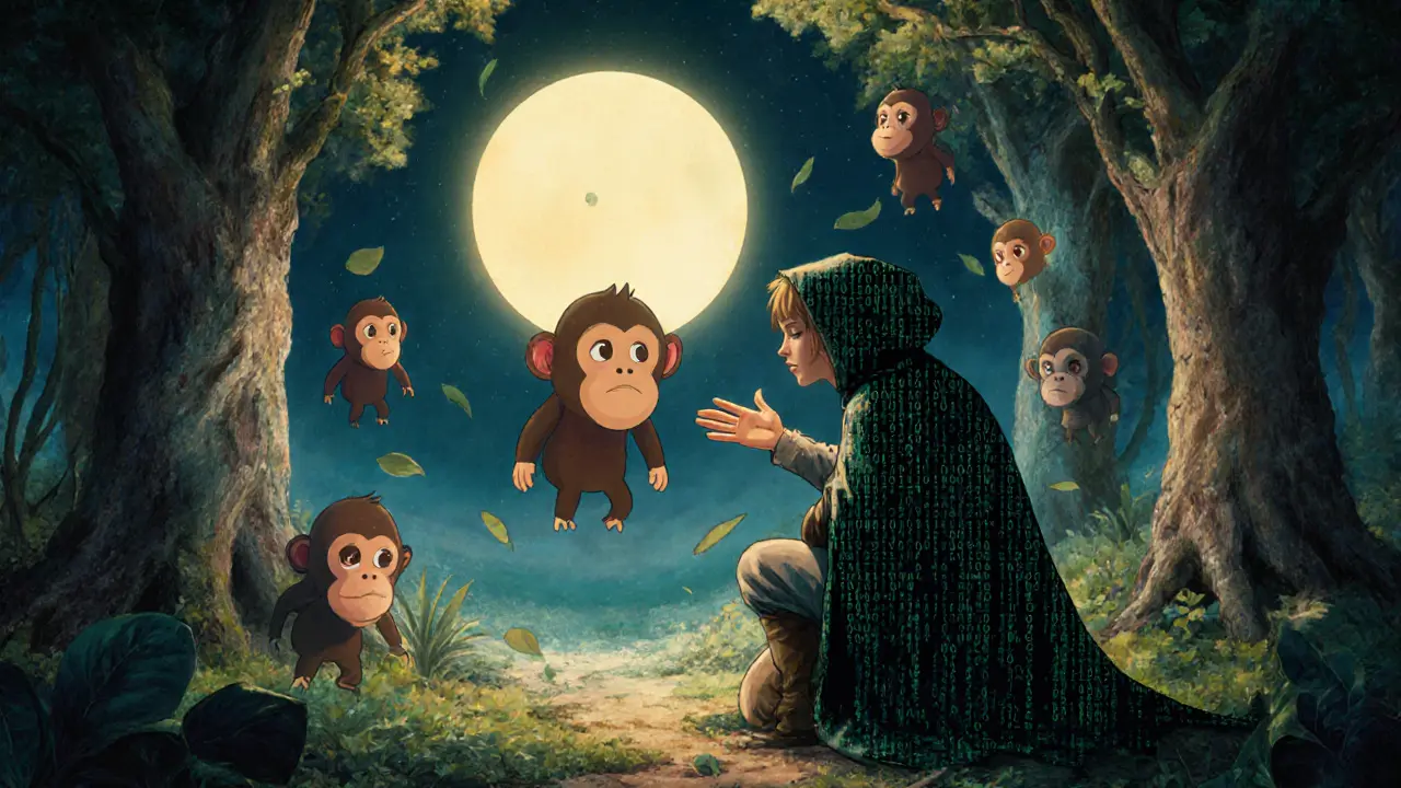 A young explorer reaches for their first PFP ape before a glowing portal in a forest of blockchain trees.