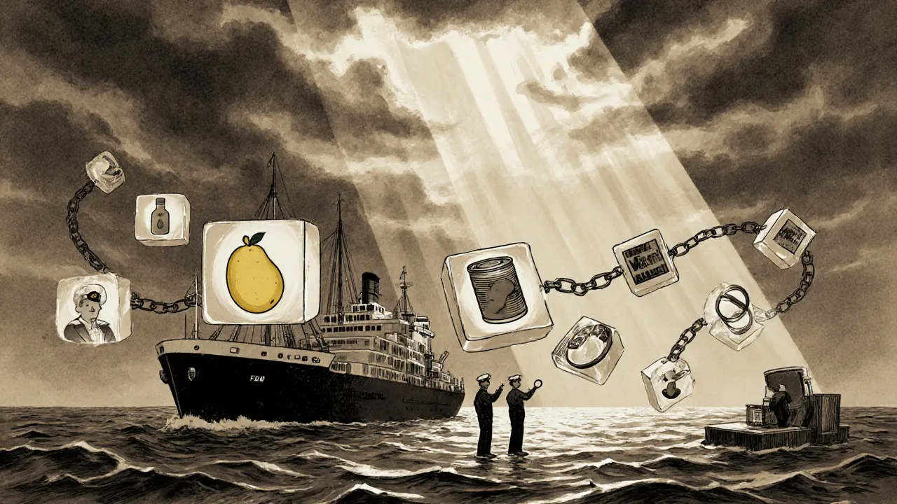 Cargo ship surrounded by floating digital blocks showing product journeys across continents