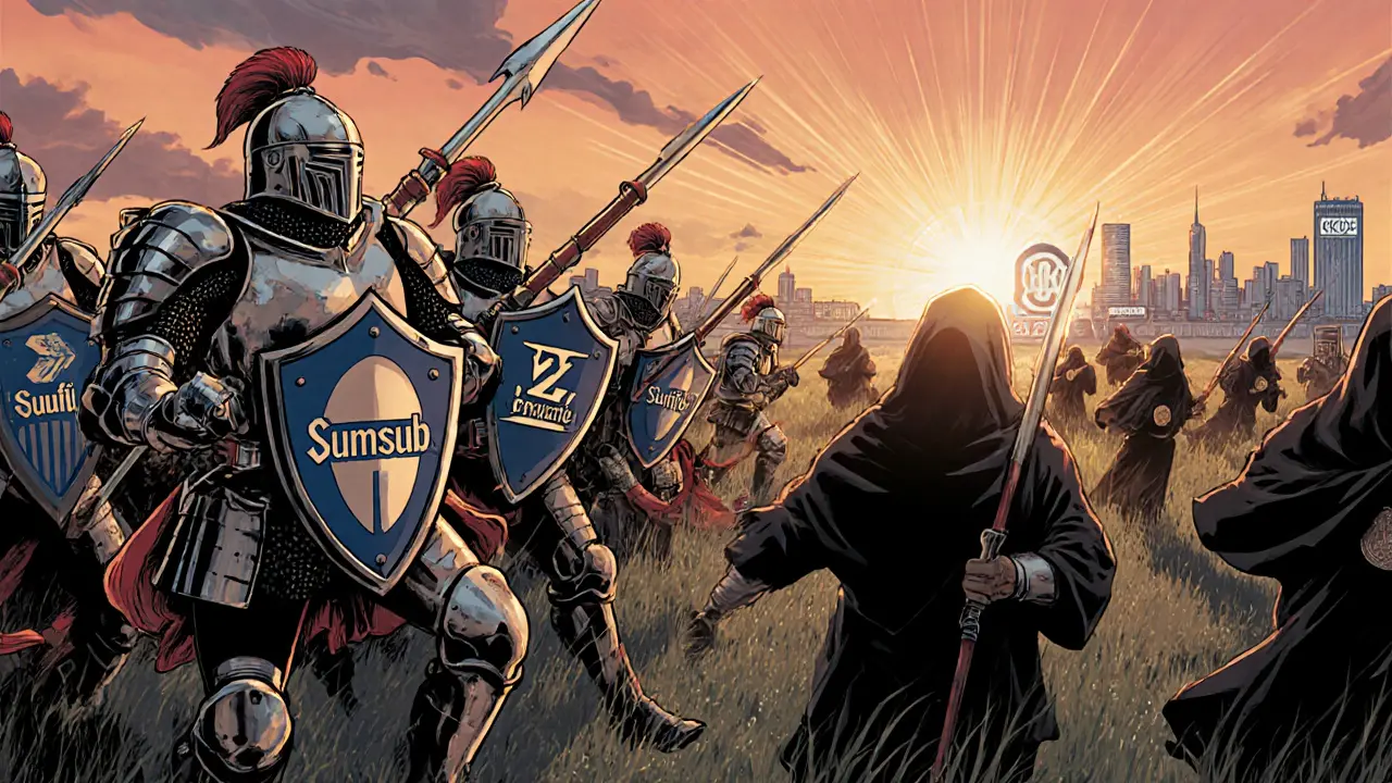 Centralized exchanges advancing against DEX users in a symbolic battle, with a glowing zero-knowledge proof shield in the distance.