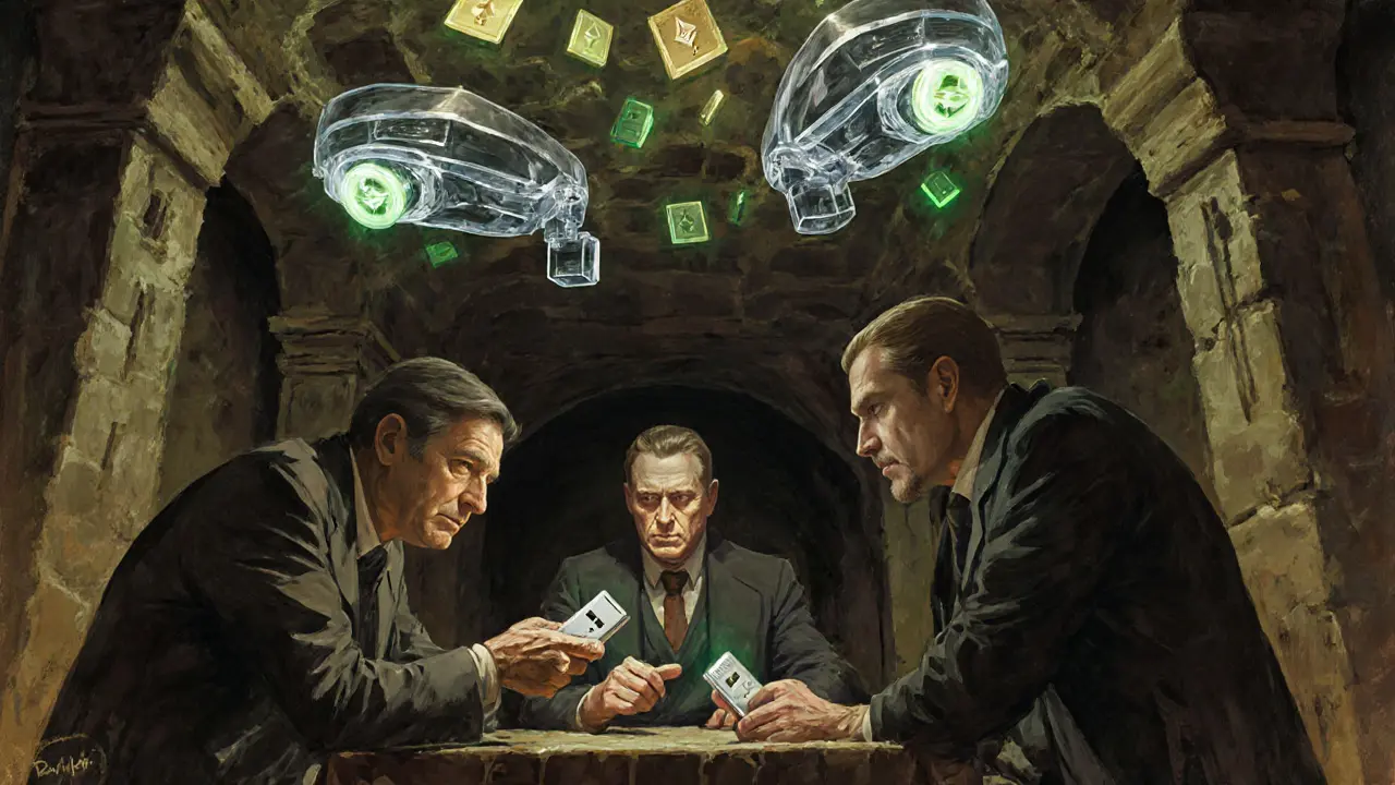 Clandestine meeting in a crypt with figures exchanging encrypted keys as surveillance drones hover above.