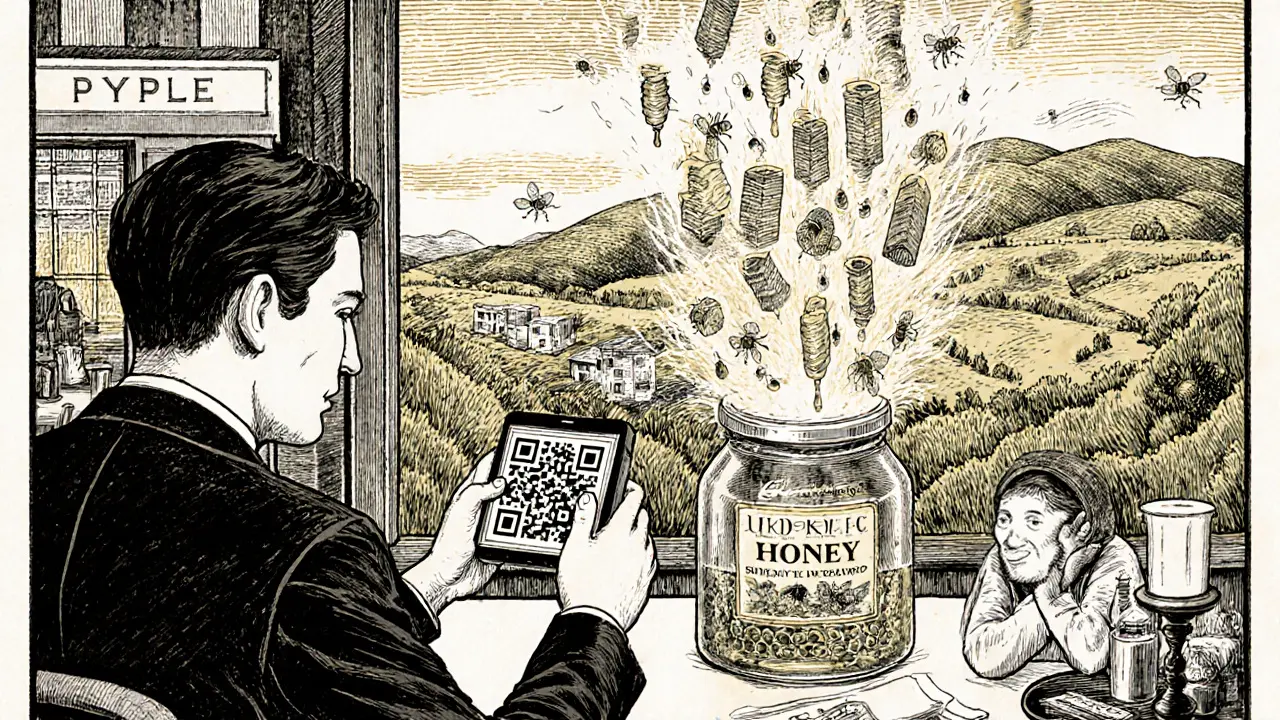Consumer scanning honey jar as magical timeline reveals its origin and verification