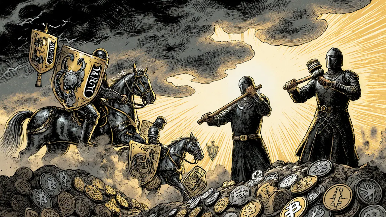 Knights of privacy battling faceless regulators atop a mountain of delisted crypto coins in epic illustrative style.
