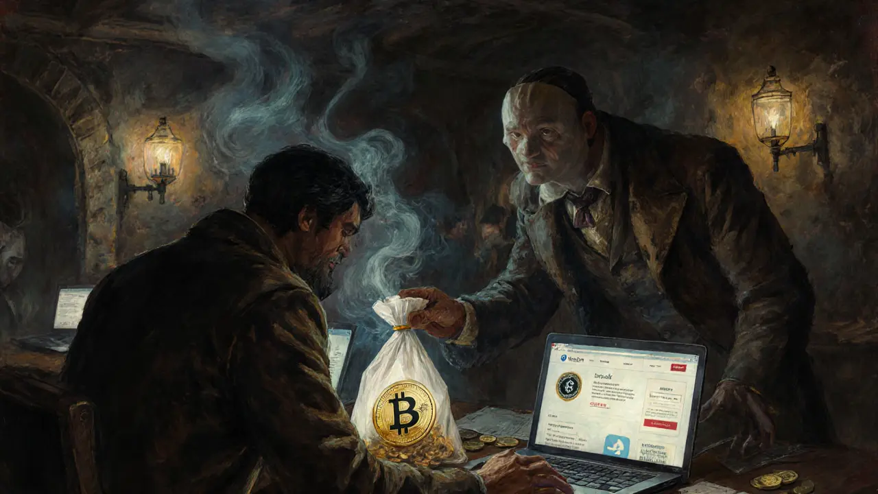 Scammers in Victorian attire manipulate fake KubeCoin websites under dim oil lamp light.