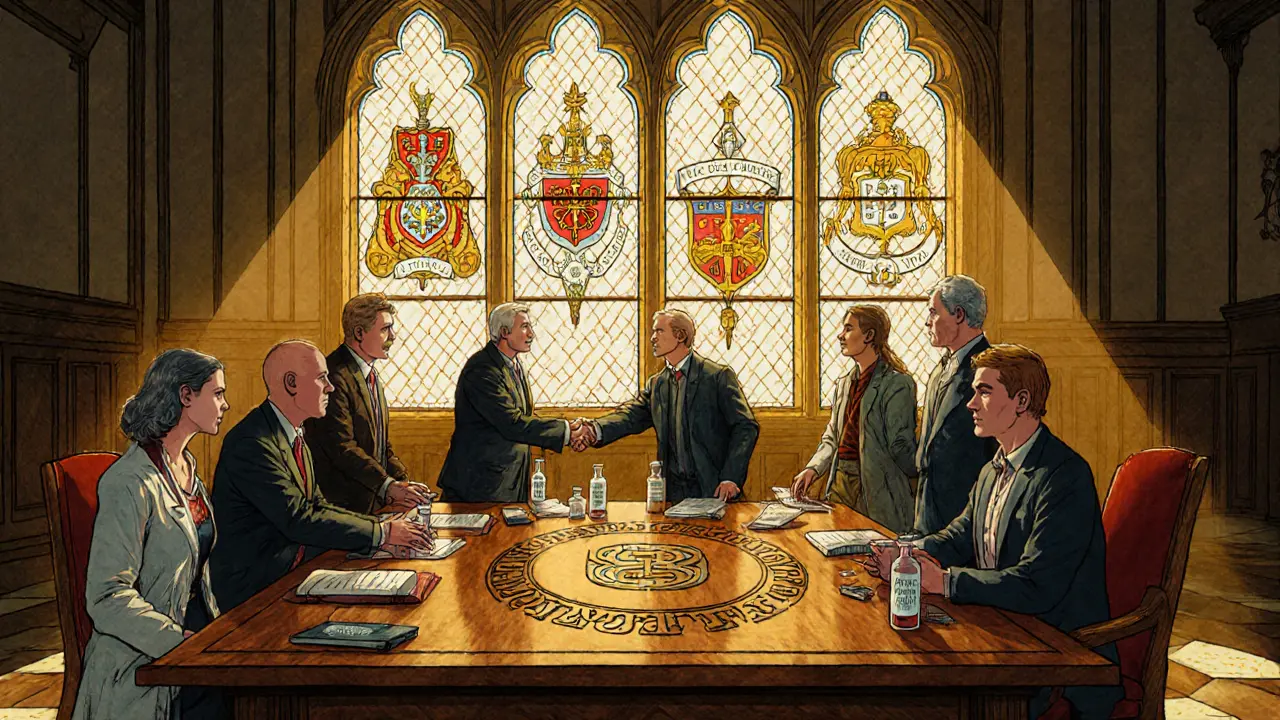 Scientists and crypto pioneers shake hands over a table with Bio Protocol’s four core systems depicted in stained glass.