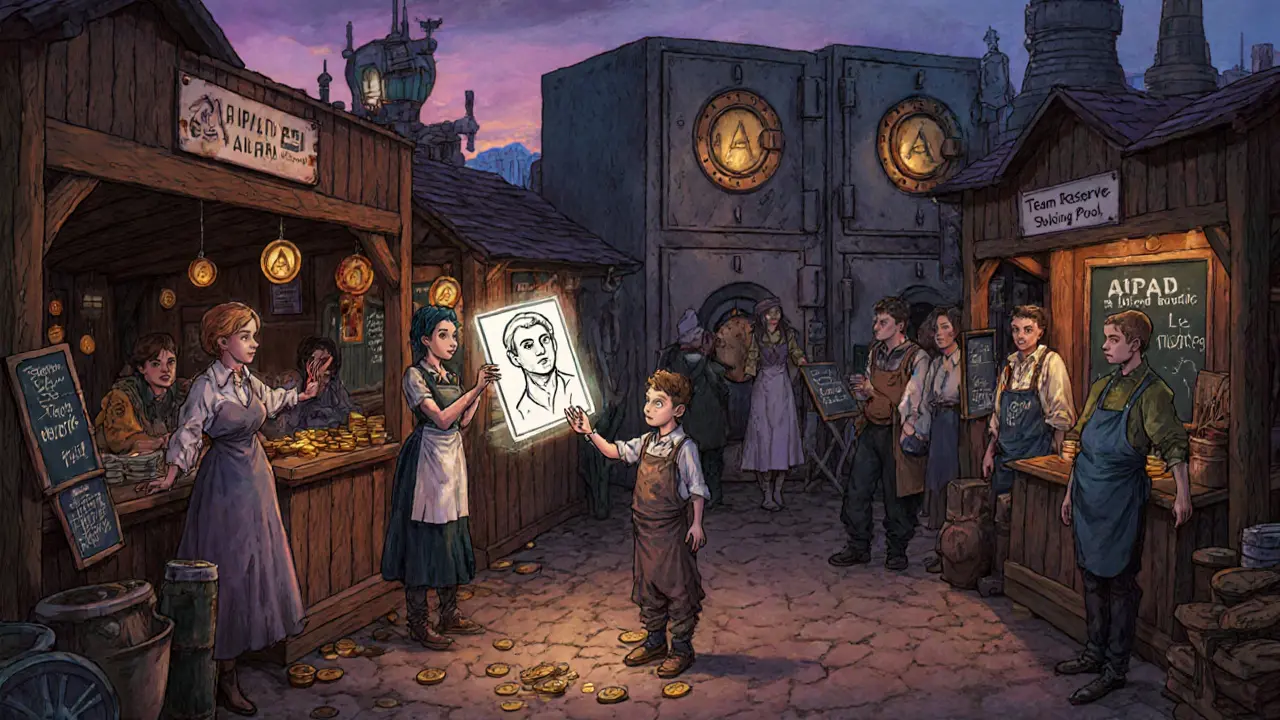 Steampunk marketplace where users trade AIPAD tokens for AI tools like image generators and chatbots.