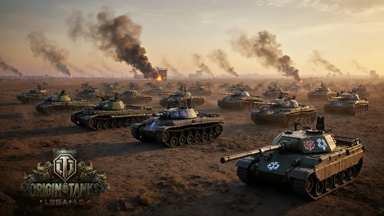 700 unique tanks march in formation across a war-torn landscape, with a glowing Origin Tank leading the way at dawn.