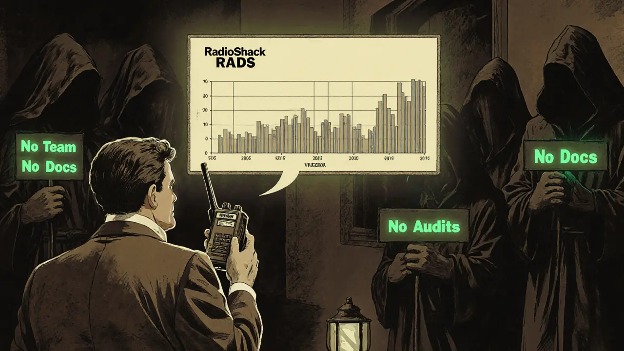 A confused 1990s shopper stares at a ghostly crypto chart while shadowy figures whisper warnings of neglect.