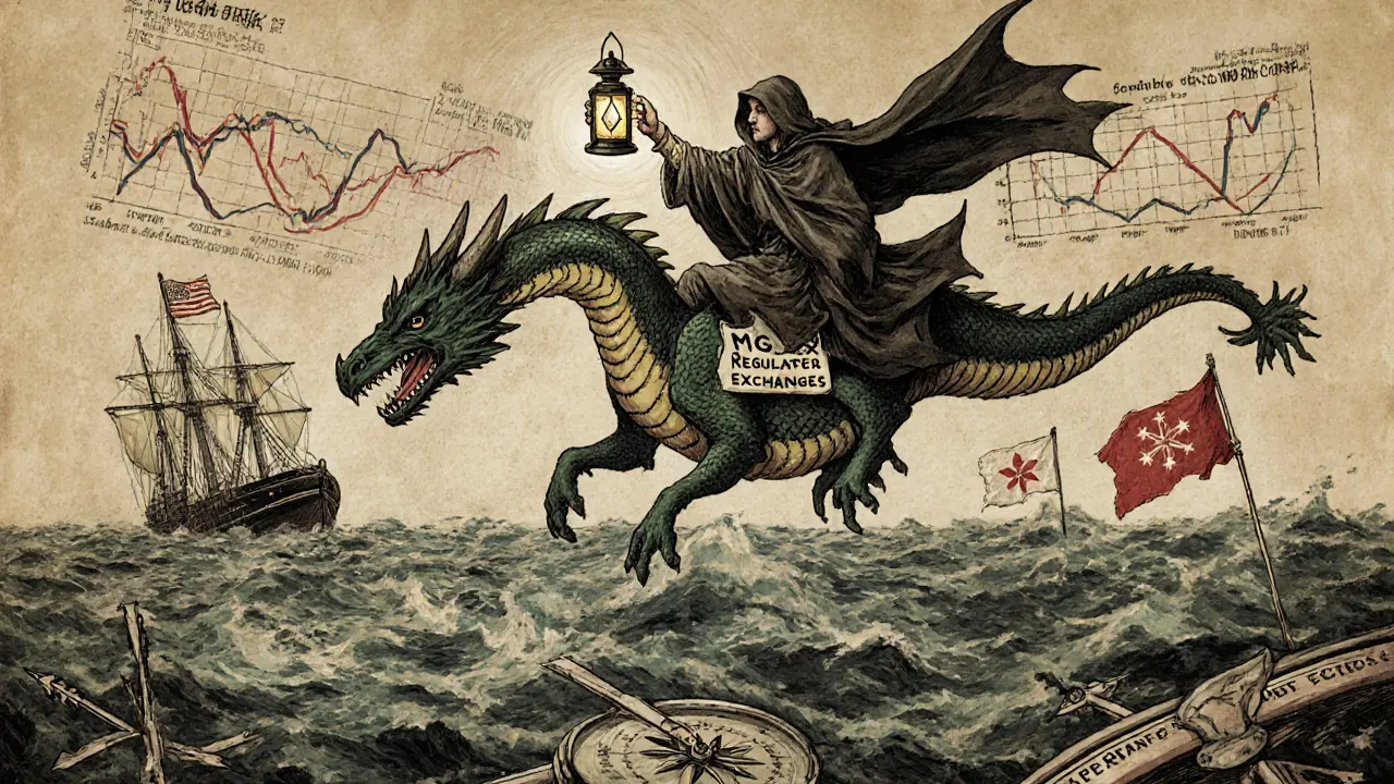 A figure riding a crypto-dragon over financial charts, lantern flickering, sinking ship below, mythic warning scene.