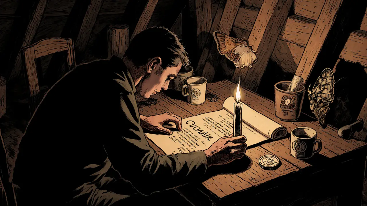 A lone developer in a dim attic writes a smart contract on parchment, surrounded by empty cups and torn RadioShack logos.