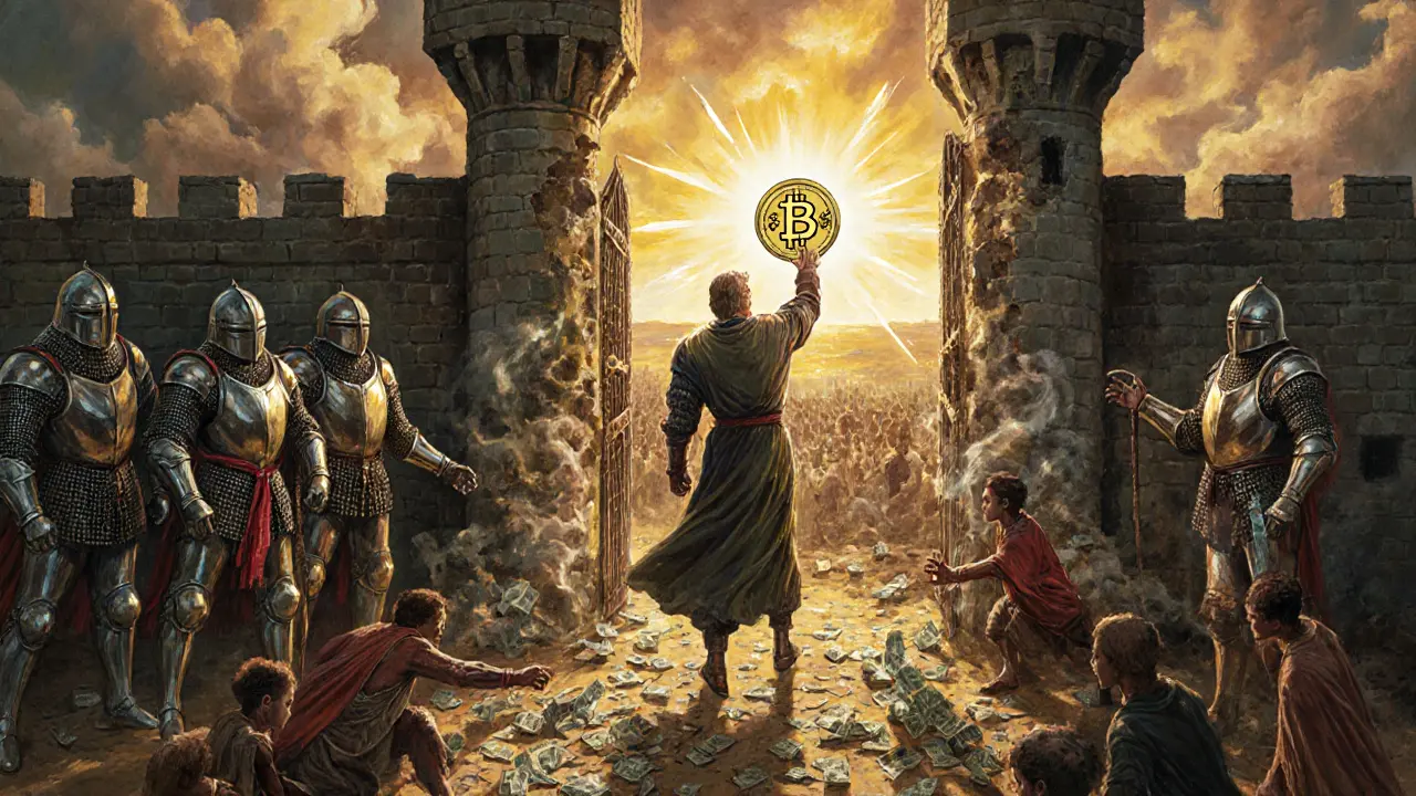 A modern digital currency hero breaks through old banking systems, freeing villagers from fee chains under a rising dawn.