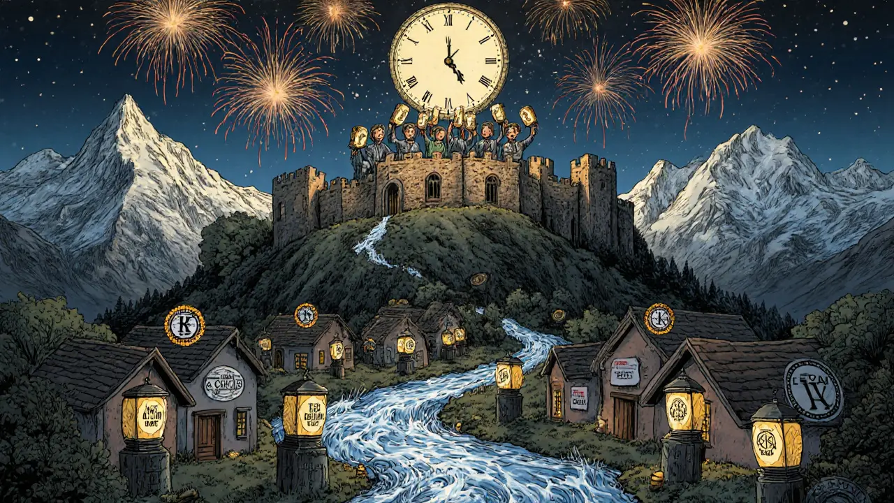 A New Year’s celebration on a mountain fortress with tokens flowing below and fireworks forming audit seals.