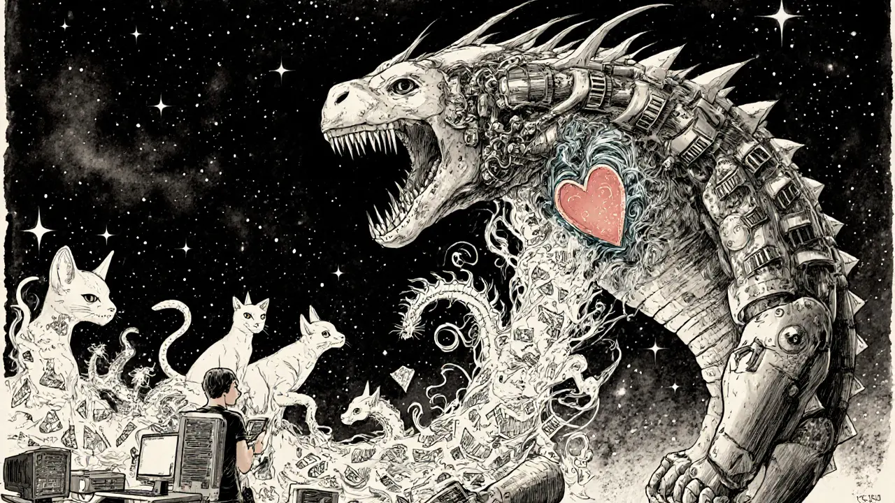 A PC transformed into a giant machine generating AI images of cyberpunk creatures.