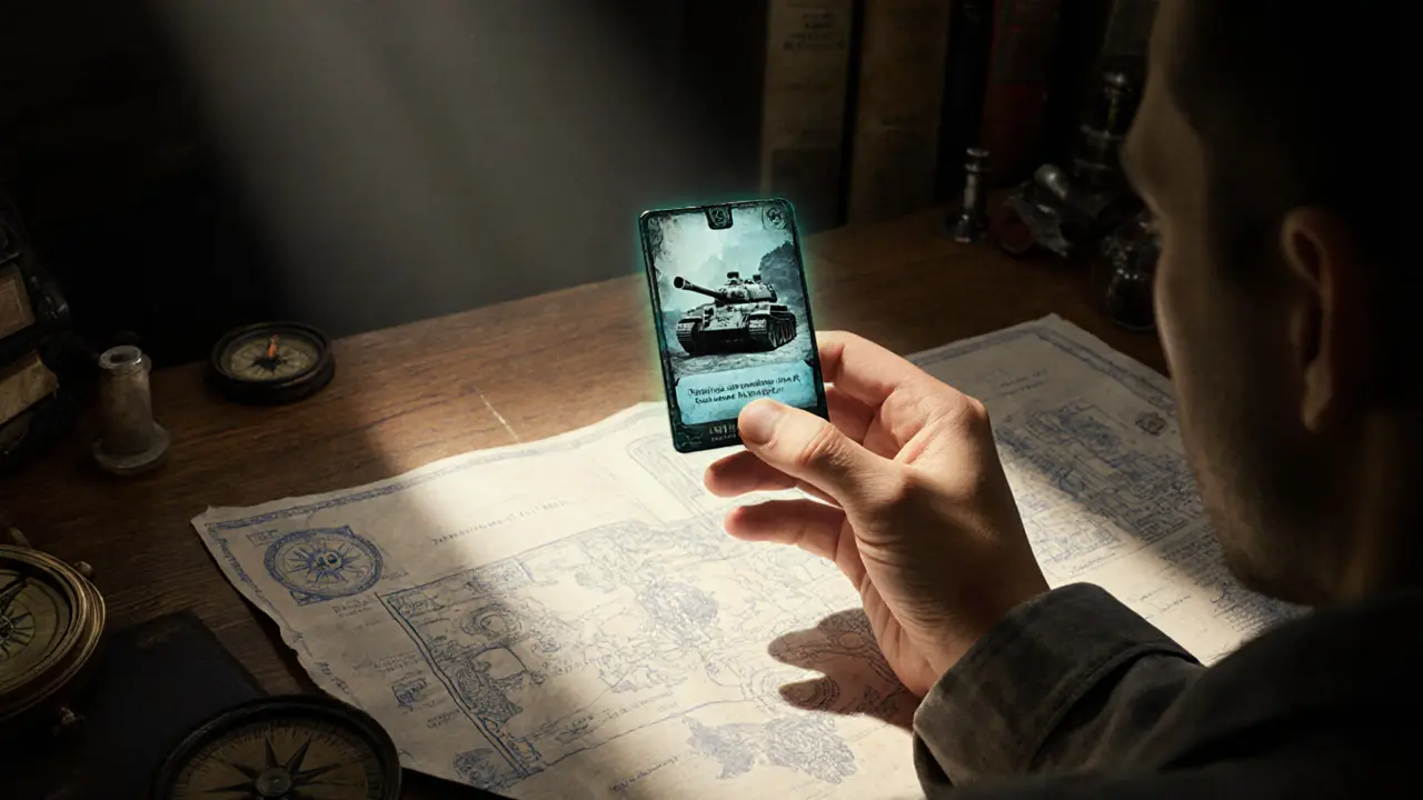 A player holds a glowing NFT tank card above a desk covered in blueprints and a map of Earth Zero, illuminated by a single ray of light.
