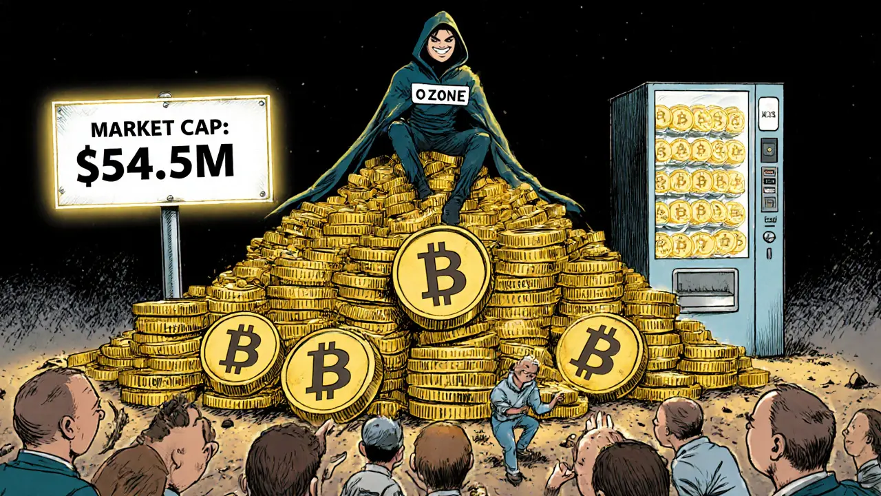 A shadowy figure hoards locked coins while investors scramble to buy a single token from a broken machine.