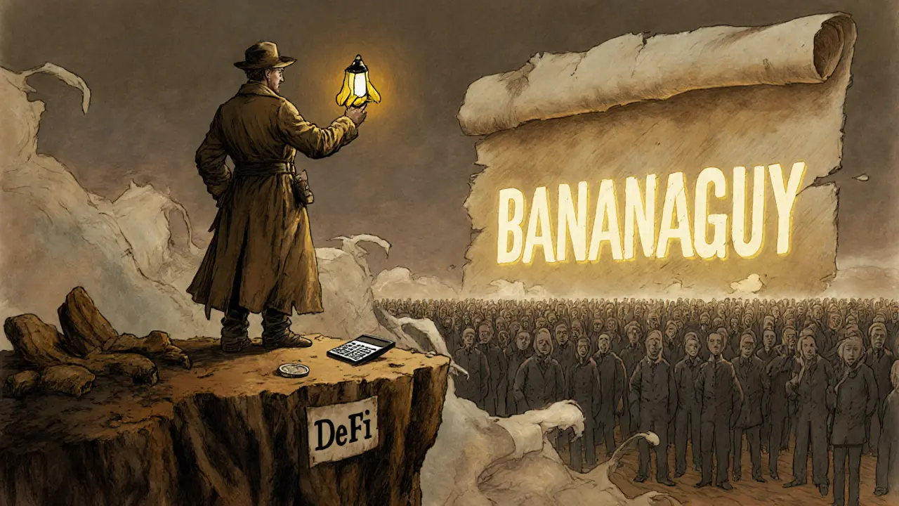 An adventurer holds a banana token on a cliff, gazing at a flickering BANANAGUY sign amid crumbling finances.