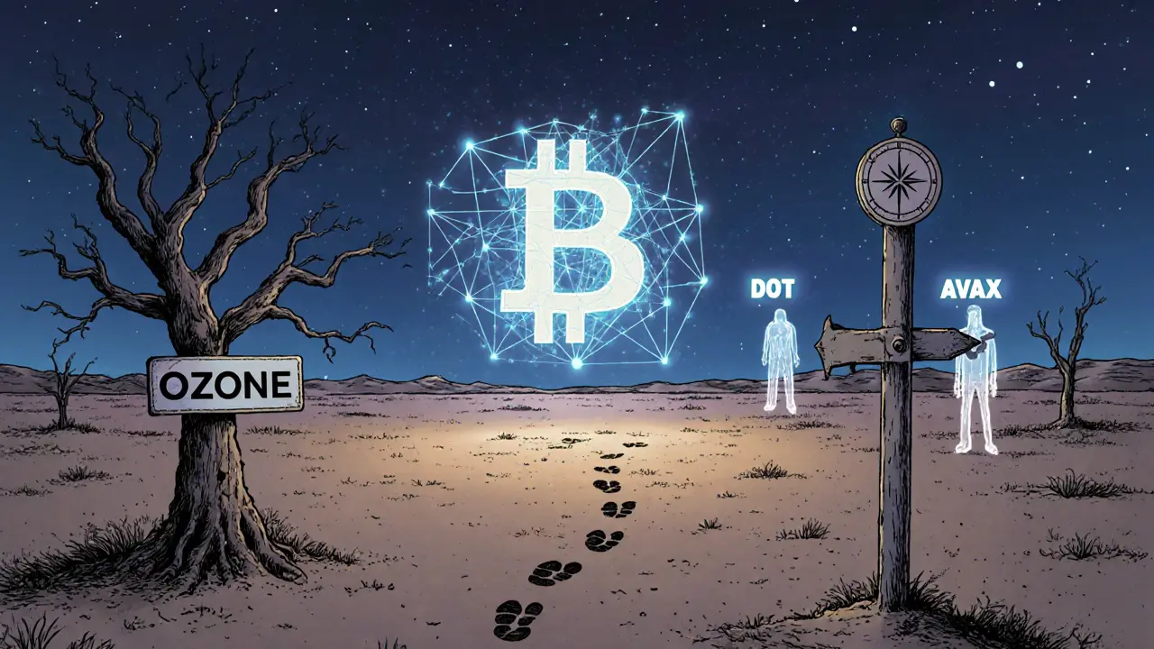 An empty digital wasteland with a flickering, inactive blockchain hologram and a dead GitHub tree.