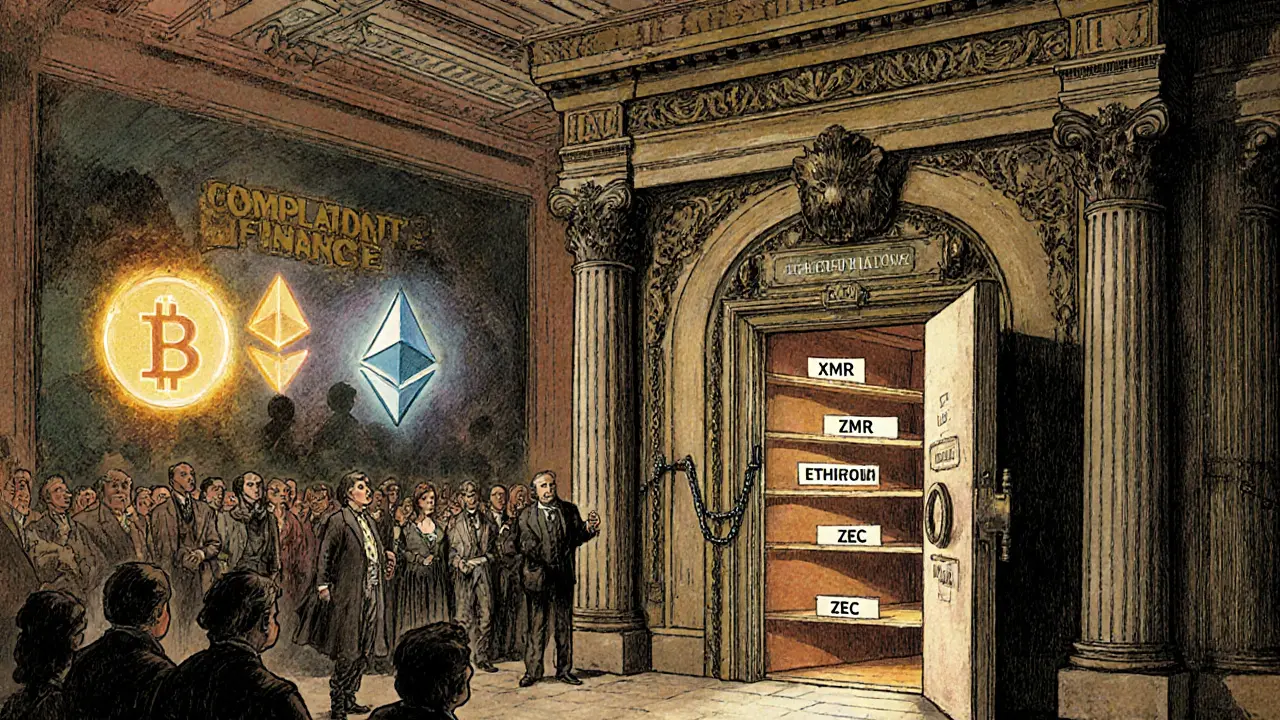 An empty EU bank vault with sealed Monero and Zcash shelves while compliant coins glow on a mural.