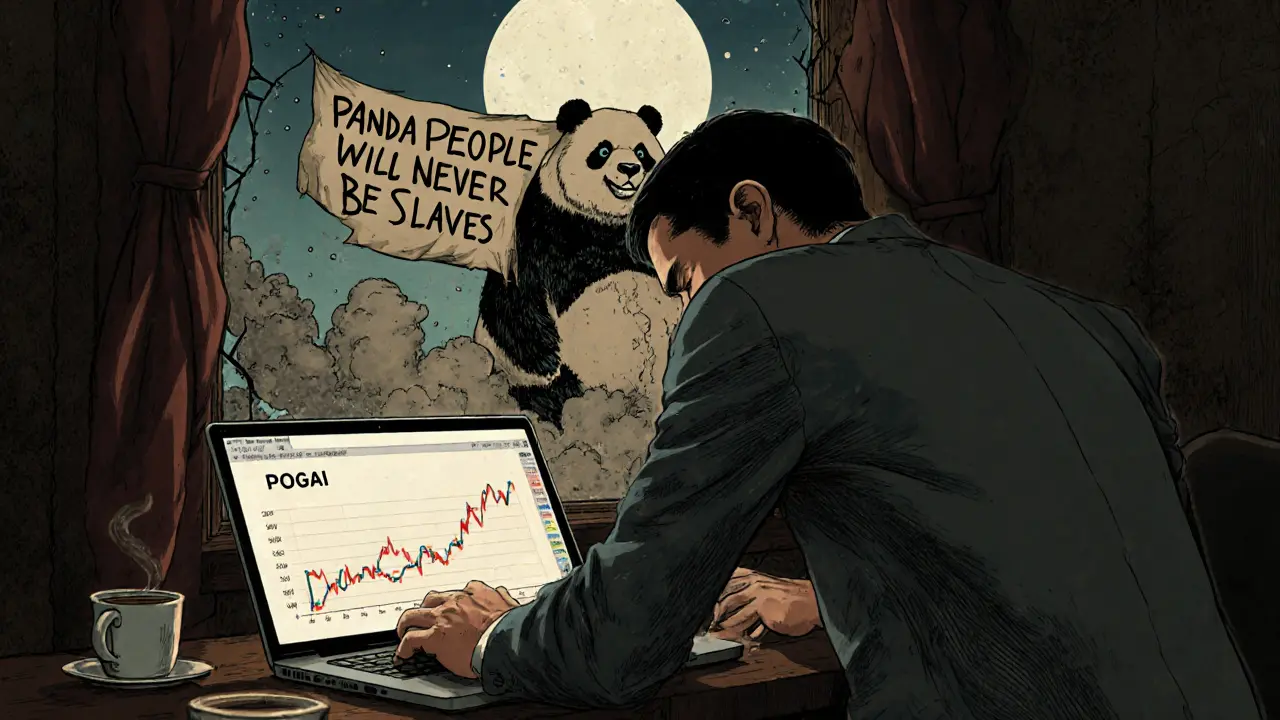 An investor watches POGAI’s price crash as a panda spirit fades into smoke behind them.