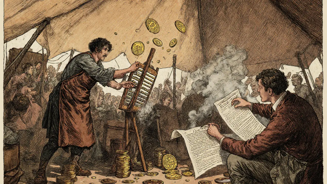 Bustling digital marketplace with miners trading storage deals under a canvas tent.