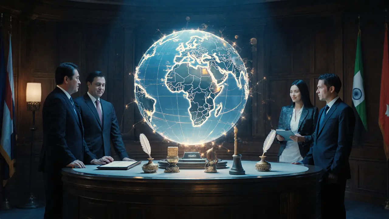 Central bankers from multiple countries oversee real-time CBDC transactions on a glowing holographic globe.
