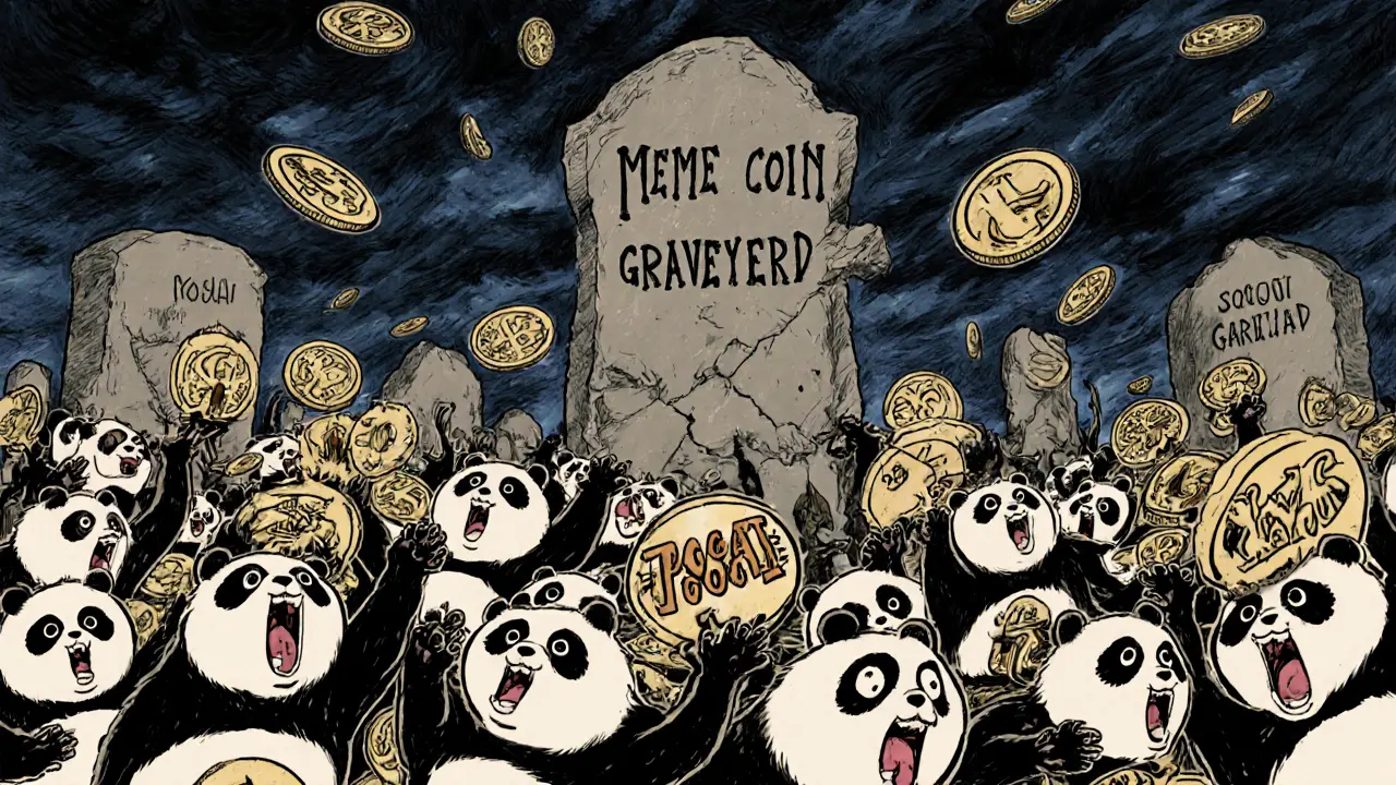 Many pandas holding fake POGAI tokens in a chaotic marketplace beneath a graveyard of dead crypto coins.