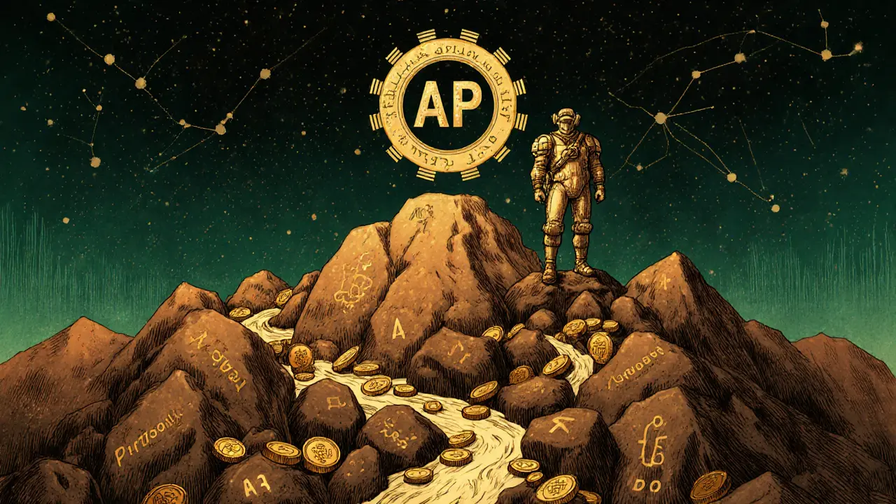 Miner atop a mountain of eternal data stones, golden tokens flowing into a vault below.