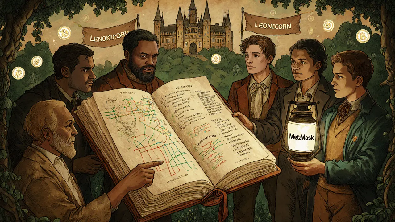 Pioneers gathered around a floating ledger displaying staking and referral data in a fantasy crypto world.