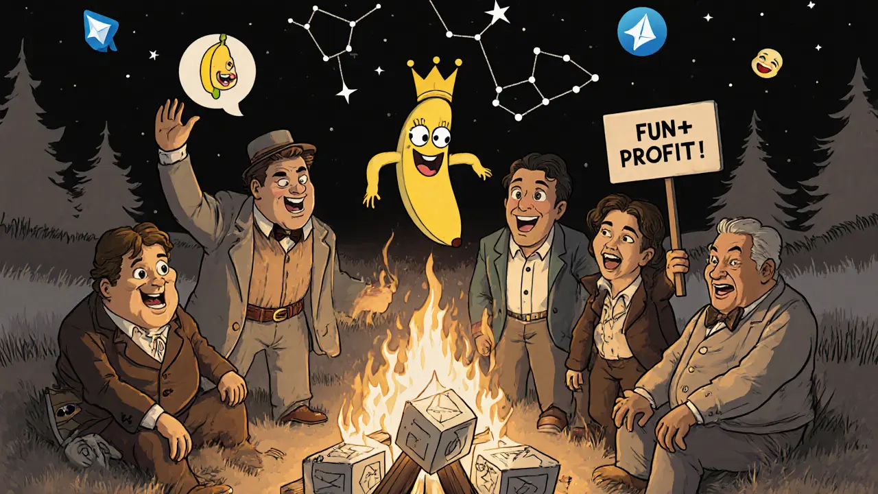 Quirky characters laugh around a campfire of blockchain blocks as a crowned banana dances above.