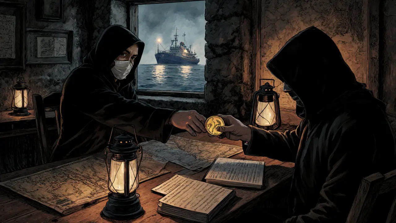 Secretive figures trading privacy coins in a candlelit cellar under the watch of distant patrol boats.