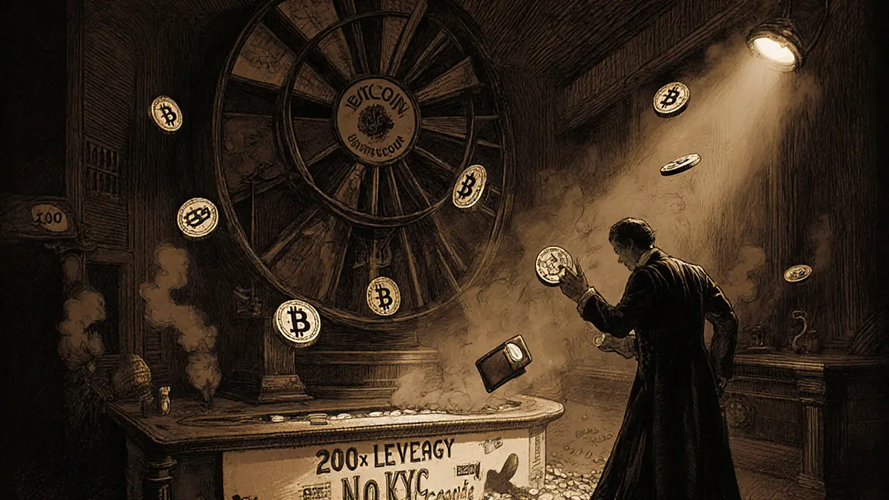 Traders in Victorian clothes gambling with crypto chips in a dim casino, giant wheel spinning above, Howard Pyle style.