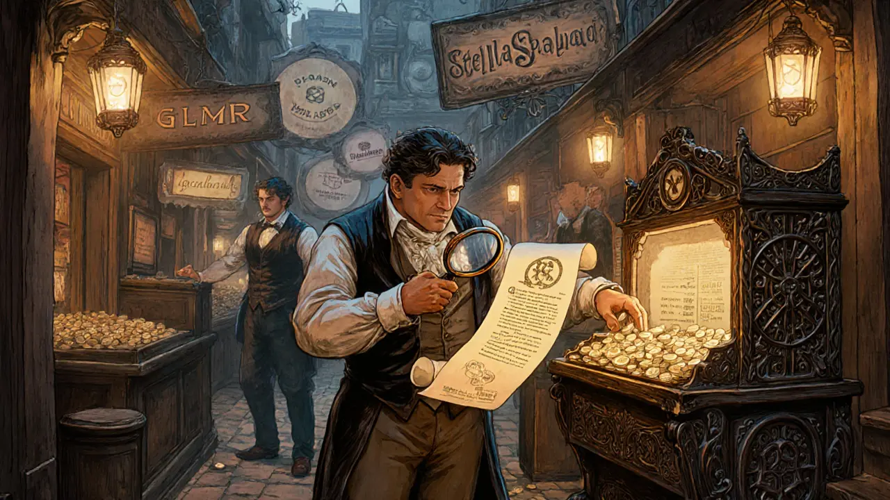 A 19th-century-style marketplace where merchants trade GLMR tokens and inspect smart contracts with magnifying glasses.