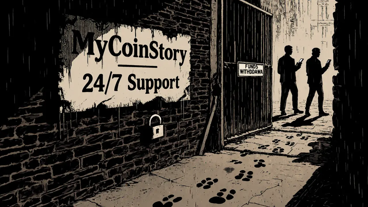 A broken sign for MyCoinStory hangs on a wall, rain dripping, as modern traders walk past unaware.