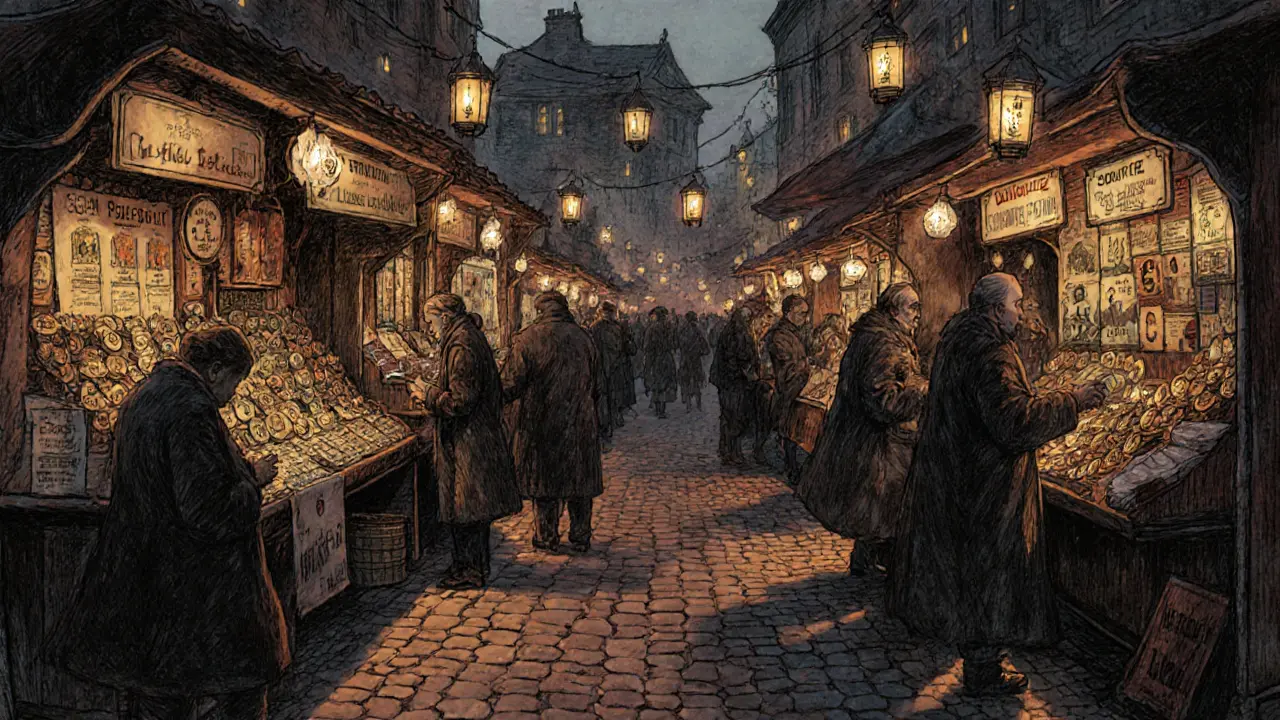 A bustling marketplace where people trade digital loyalty tokens and NFTs under glowing blockchain lanterns.