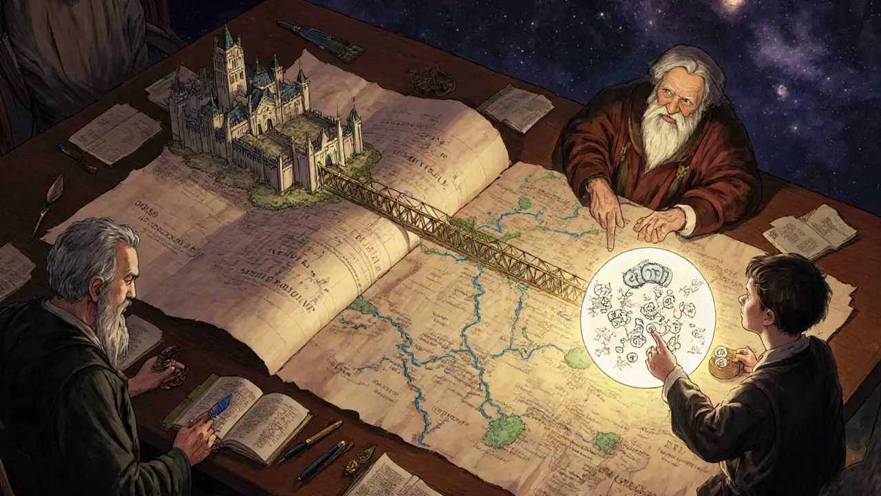 A celestial map showing Moonbeam as a glowing bridge connecting blockchains, with elders and apprentices studying GLMR staking.