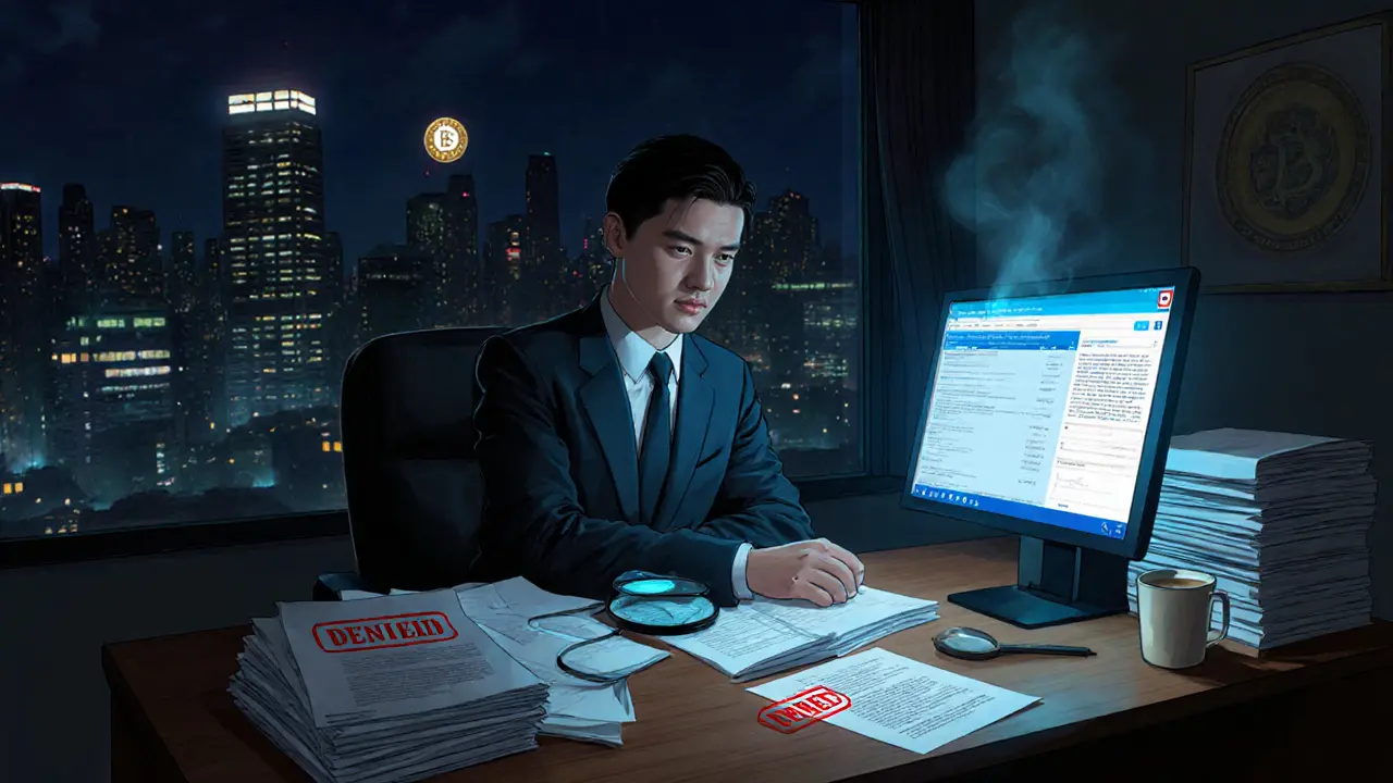 A compliance officer works late in a Singapore office, surrounded by denied applications and darkened rival offices.