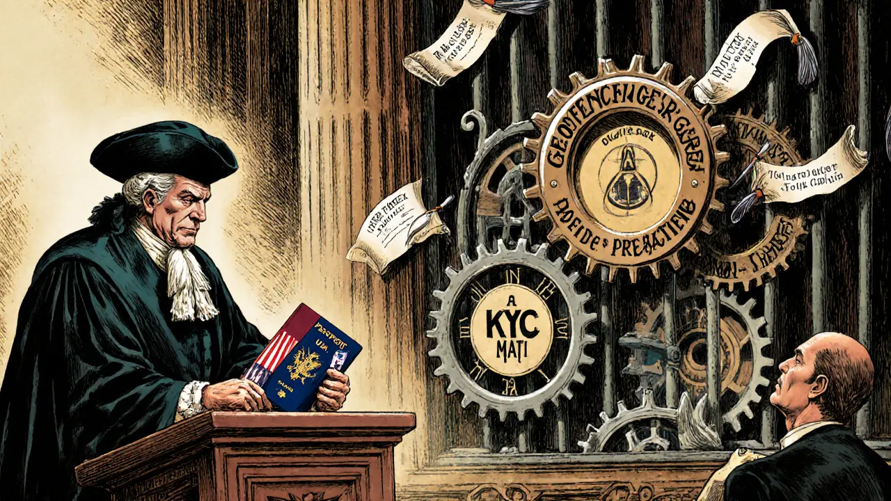 A courtroom trial where a trader with a VPN compass is accused before a giant mechanical gate labeled Geofencing and KYC.